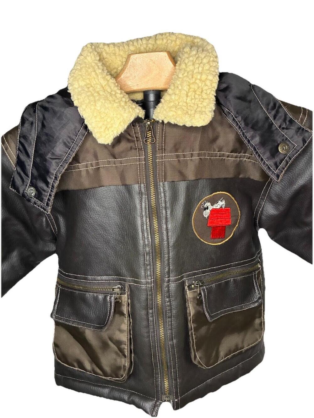 Peanuts Snoopy Brown Leather Pilot Jacket Fleece Collar Size 4T